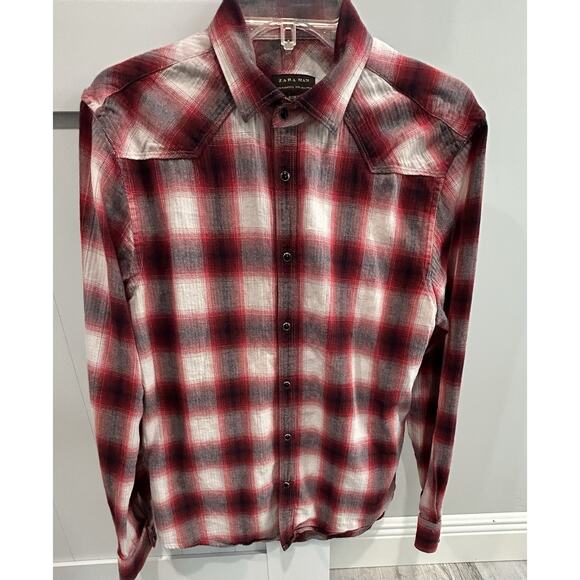 Zara Other - Zara Man Pearl Snap Shirt Western Plaid Long Sleeve Slim Fit Tag Say large